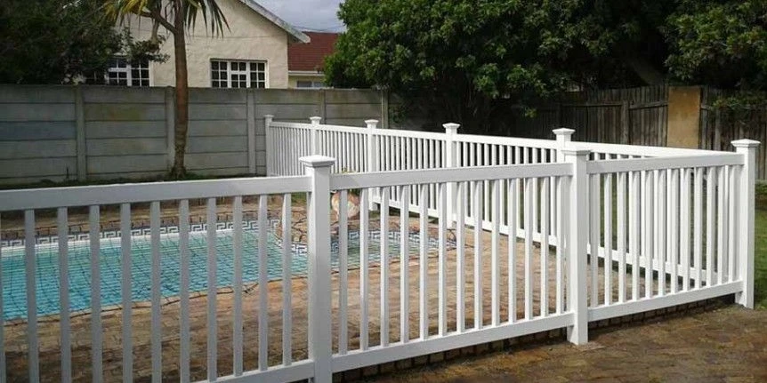 White vinyl high picket pool fence panel with 1-1/2 inch pickets White vinyl high picket pool fence panel with 1-1/2 inch pickets